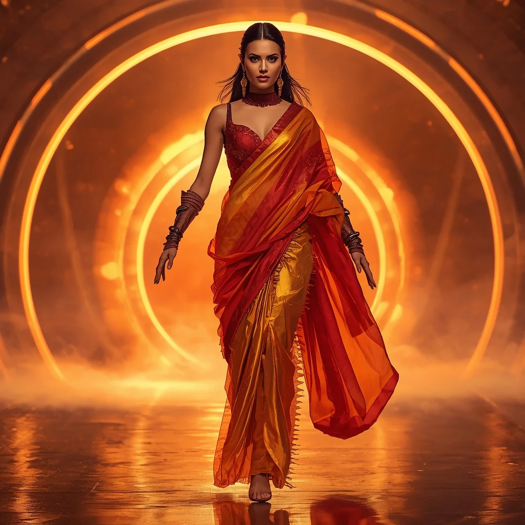 Quantum Ember Silk Saree with Solar Rift Horizon Chamber | Luxury Ai Prompt