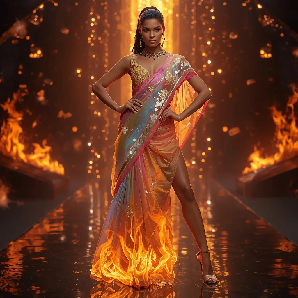 Quantum Flame Saree with Controlled Energy Fire Fabric | Ai Image Generator Prompt
