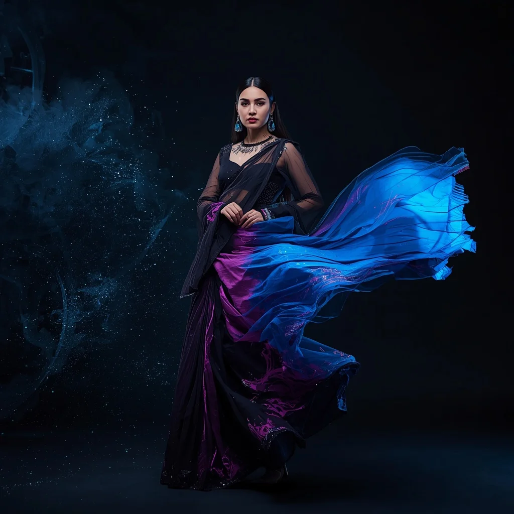 Quantum Ink Bloom Saree with Floating Black Particle Field | New Design Ai Prompt