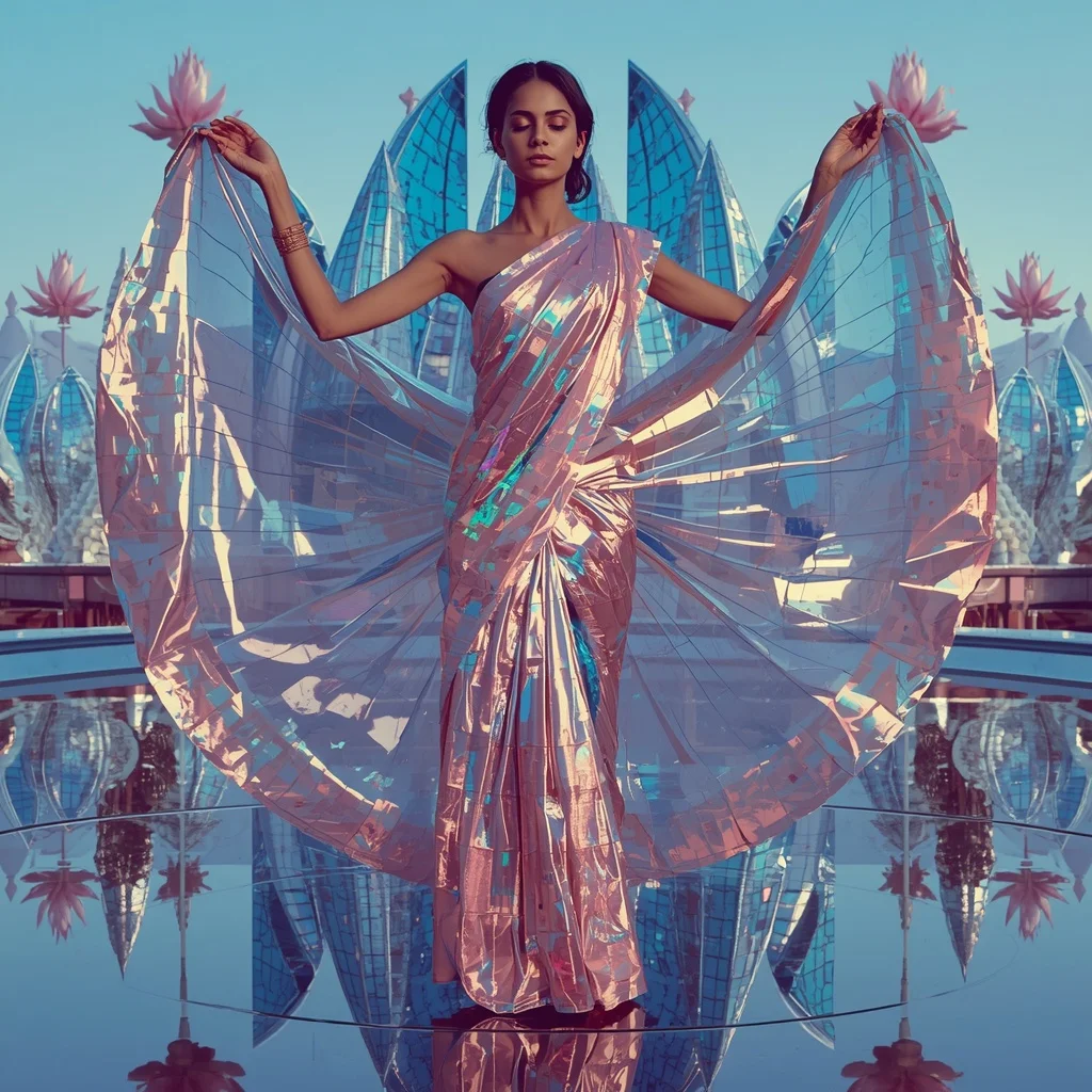 Quantum Lotus Mirror Saree with Reality Reflection Temple | Saree Ai Prompt