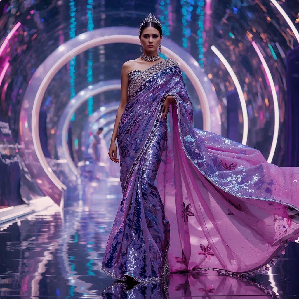 Quantum Lotus Spiral Saree with Floating Infinity Rings and Neon Crystal Streams | New Instagram Trend Prompt For Girl Love