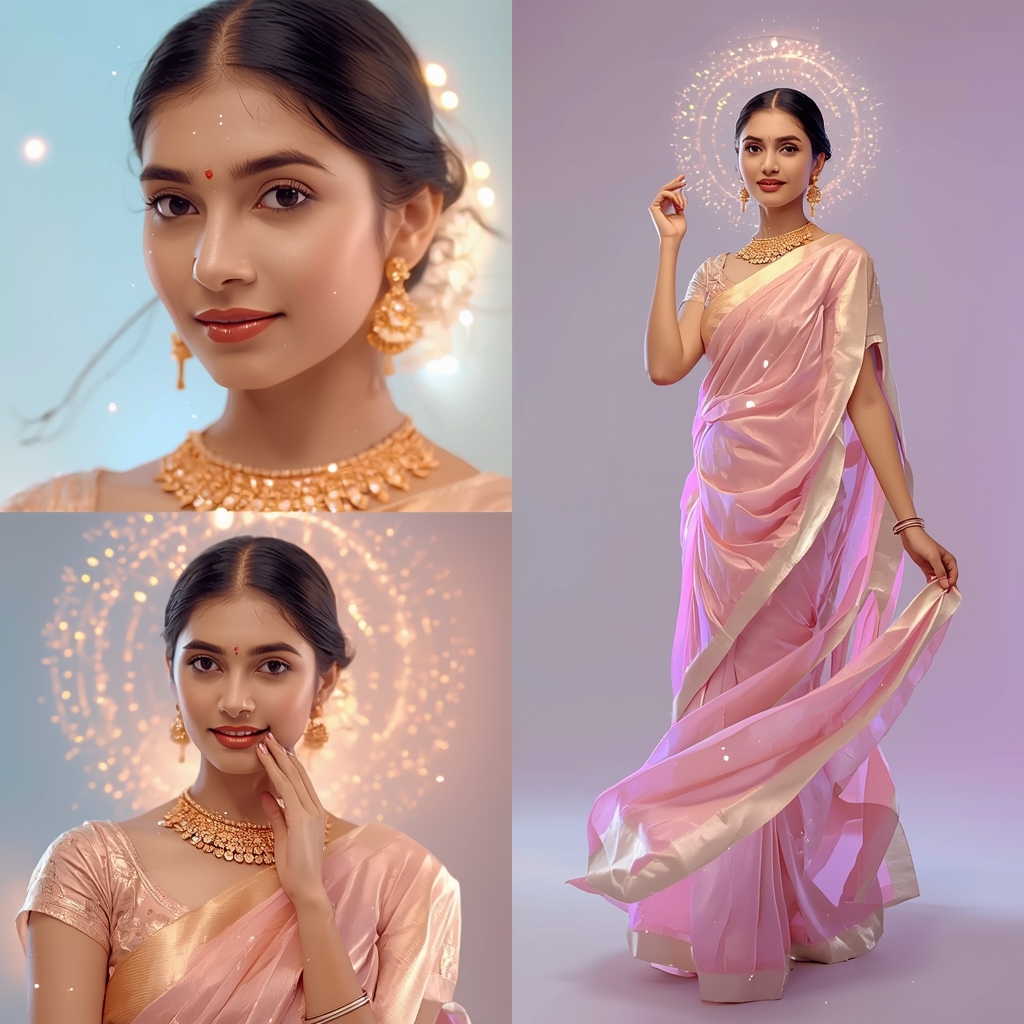 Quantum Pulse Halo Flow Pastel Saree Indian Woman Premium Composition | Gemini Ai Prompt Saree Copy Paste