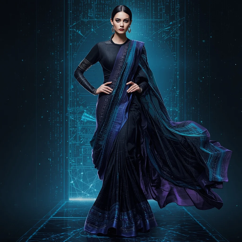 Quantum Silk Armor Saree with Holographic Data Collapse Field | Ai Video Generator Prompt