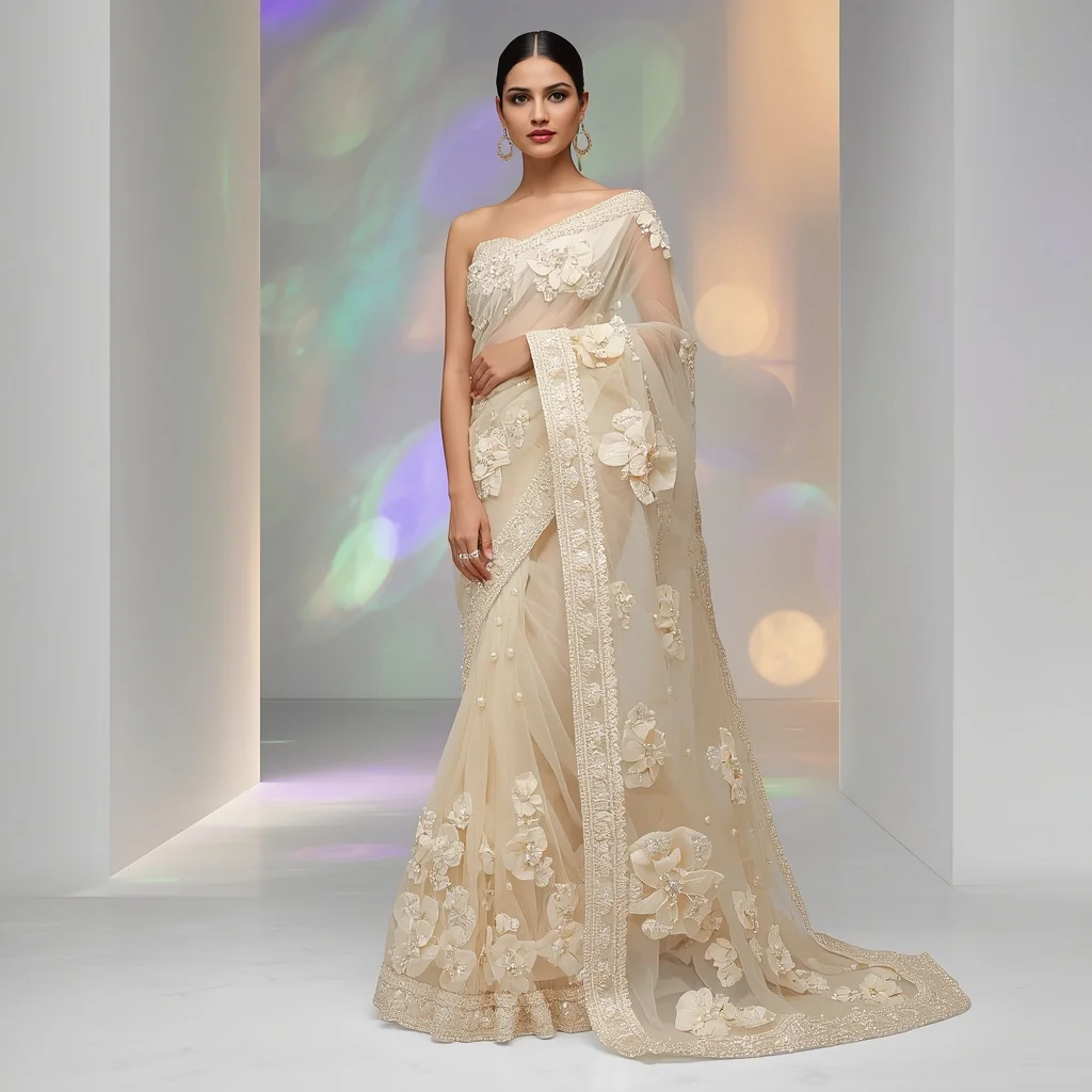Radiant Pearl-Encrusted Organza Saree with Dramatic Halo Pallu | Gemini Ai Prompt For Instagram