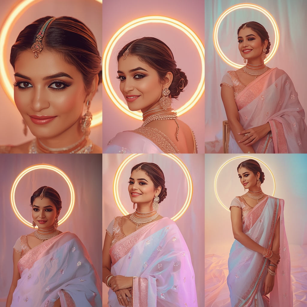 Radiant Pulse Halo Wave Pastel Saree Indian Woman Luxury Composition | Saree Trending Ai Prompt