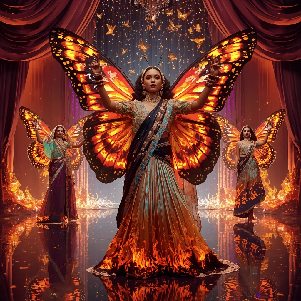 Rainbow Butterfly Flame Opera Saree  Heavy Multi-Pose Festival Couture with Fantasy Theatre Background | Gemini Ai Photo