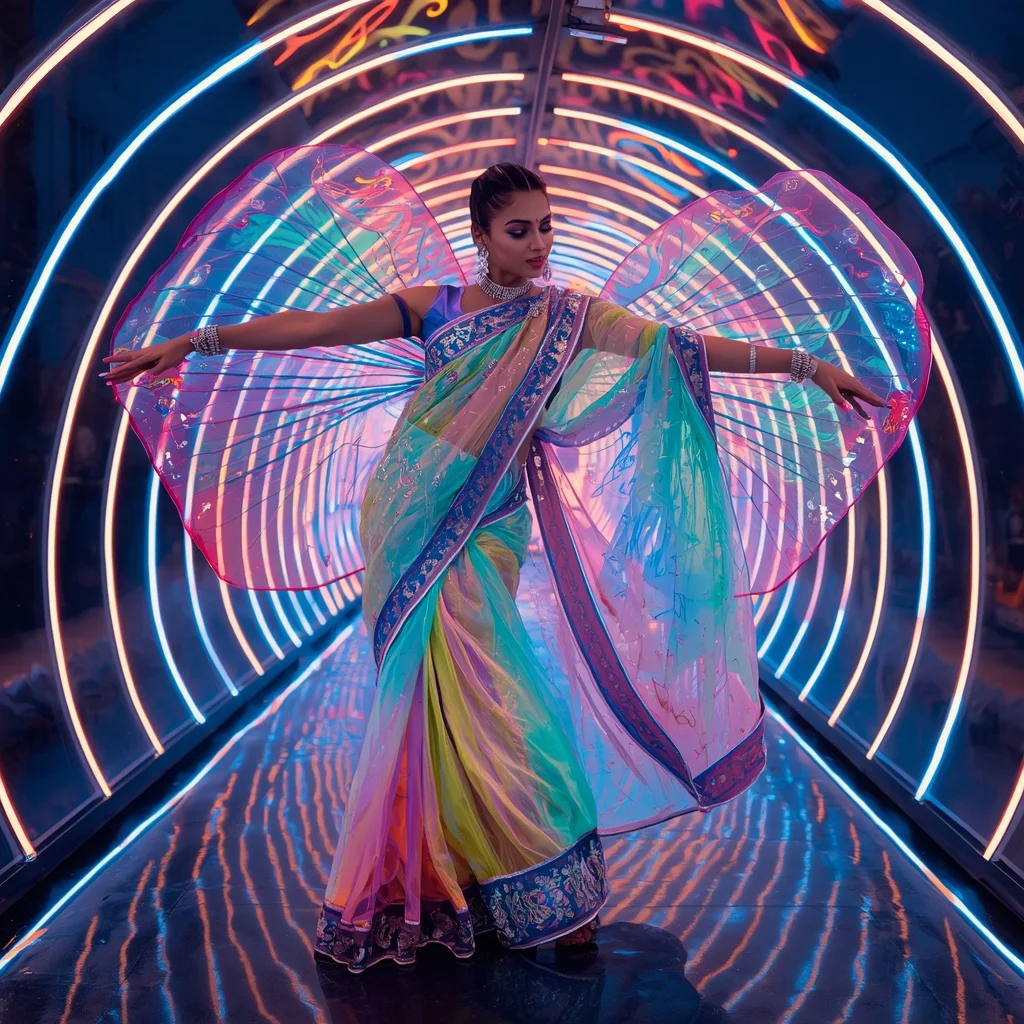 Rainbow Butterfly Liquid Saree with Curved LED Tunnel | Lighting Ai Prompt
