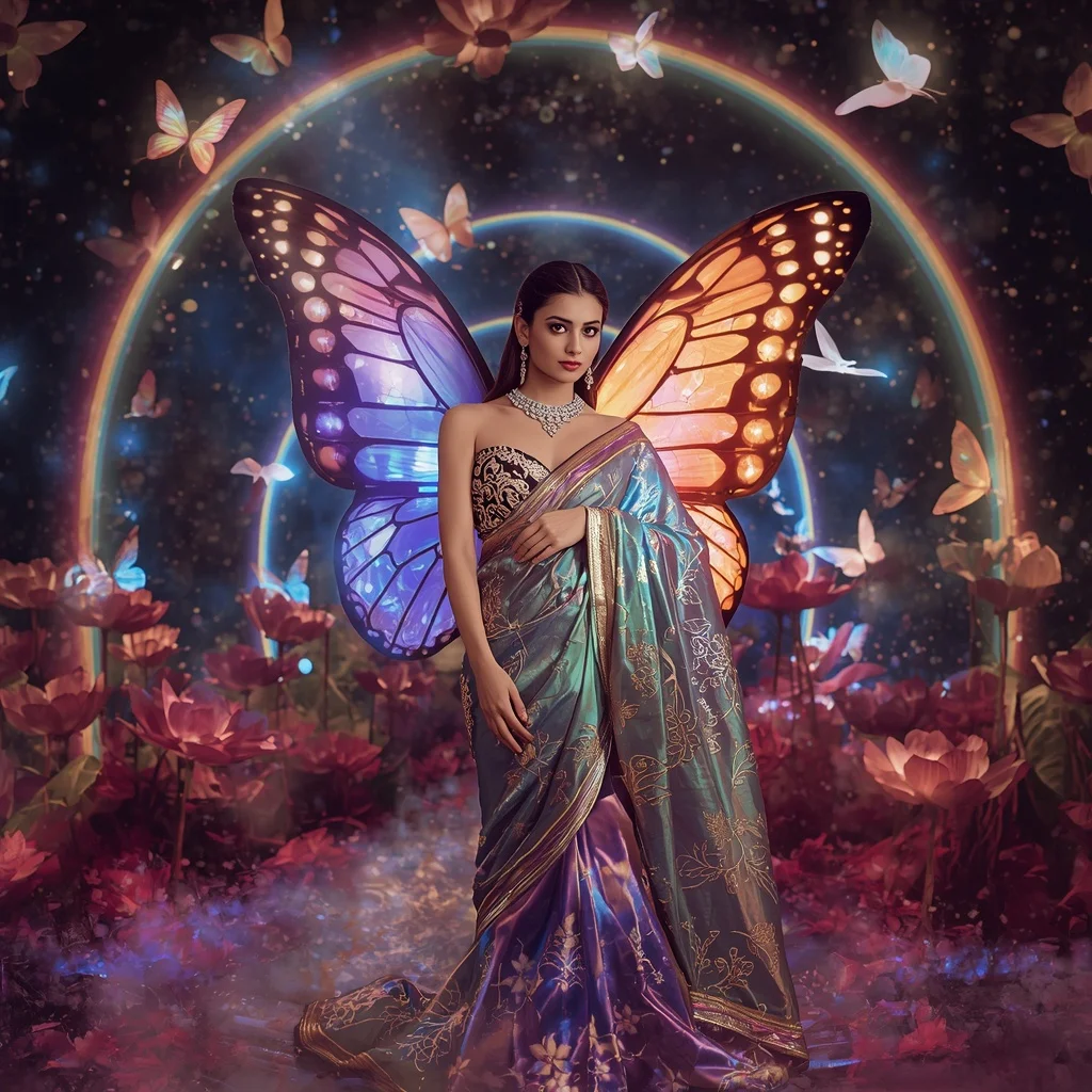 Rainbow Crystal Lotus Butterfly Saree with Floating Floral Universe Background | Ai Prompt Generator Free