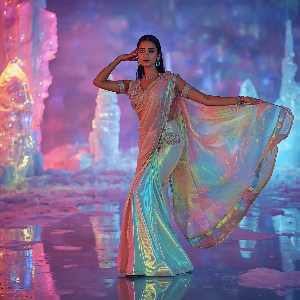 Rainbow Ice Aurora Saree – Heavy Festival Saree with Dance Pose and Frozen Aurora Reflection Palace Background | Prompt Seen Girl Photo Editing