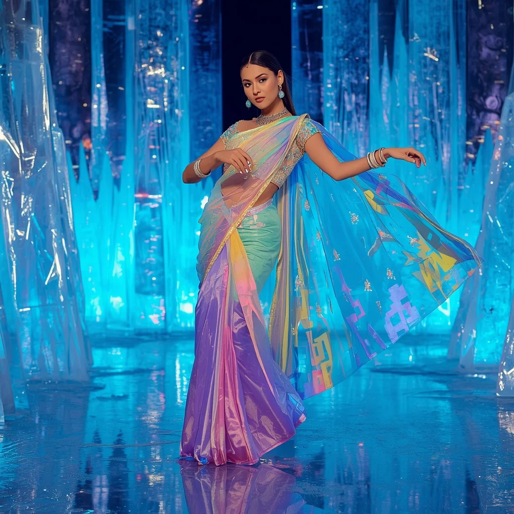 Rainbow Ice Mirage Saree – Heavy Festival Saree with Dance Pose and Frozen Mirage Reflection Palace Background | 4k Ai Prompt