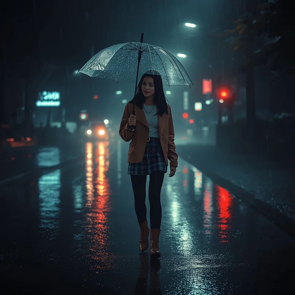 Rainy Night Cinematic Girl Walking with Umbrella – Moody Viral Style | Ai image Prompt