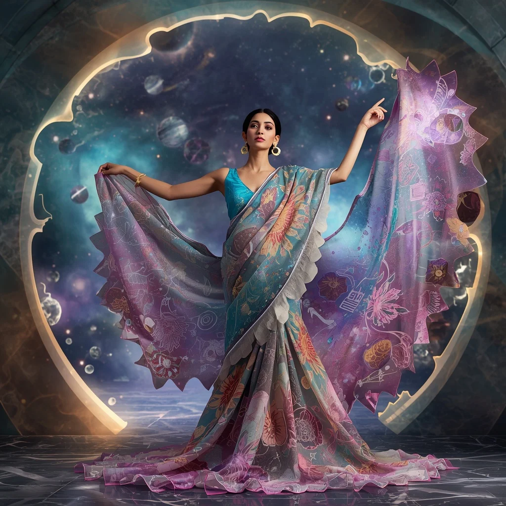 Reality Bloom Silk Saree with Dimensional Garden Portal | Girl Photo Prompt Gemini