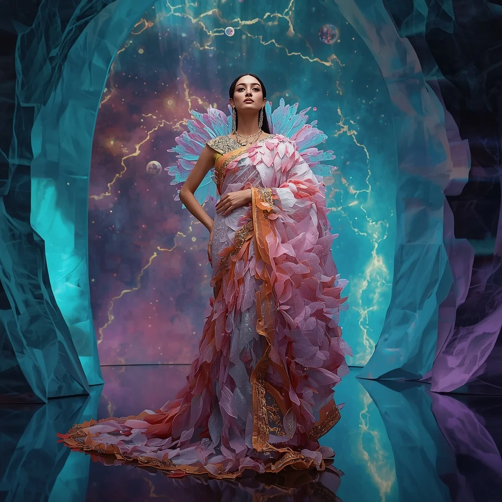 Reality Silk Fragment Bloom Saree with Dimensional Portal Universe | Prompt For Girls Trending