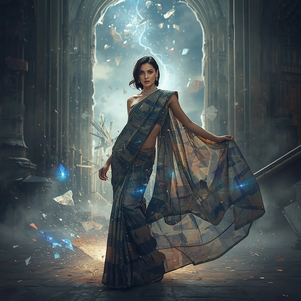 Reality Storm Silk Saree with Broken Dimension Cathedral | Female Model Ai Prompt
