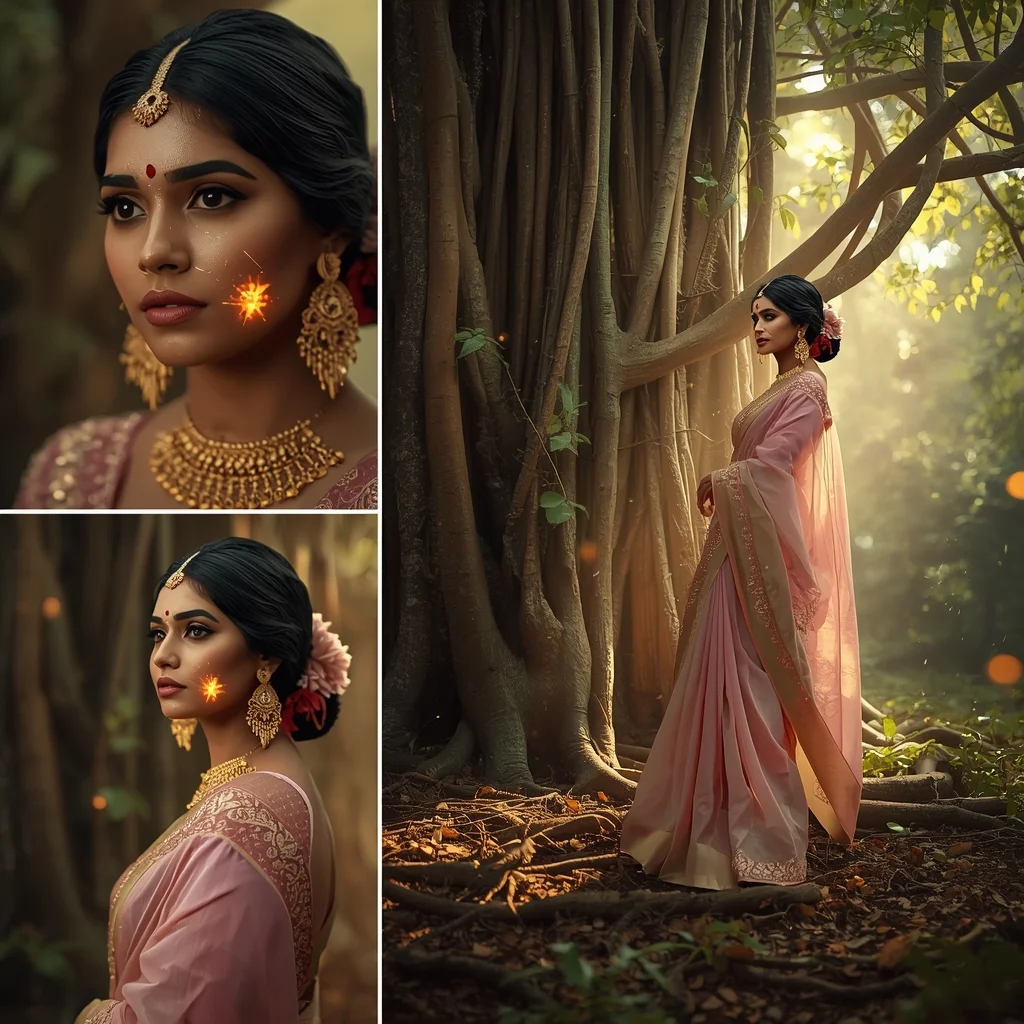 Regal Forest Luxury Pastel Saree Image Prompt for Women with Ancient Banyan Spirit Glow | Saree Ai Prompt