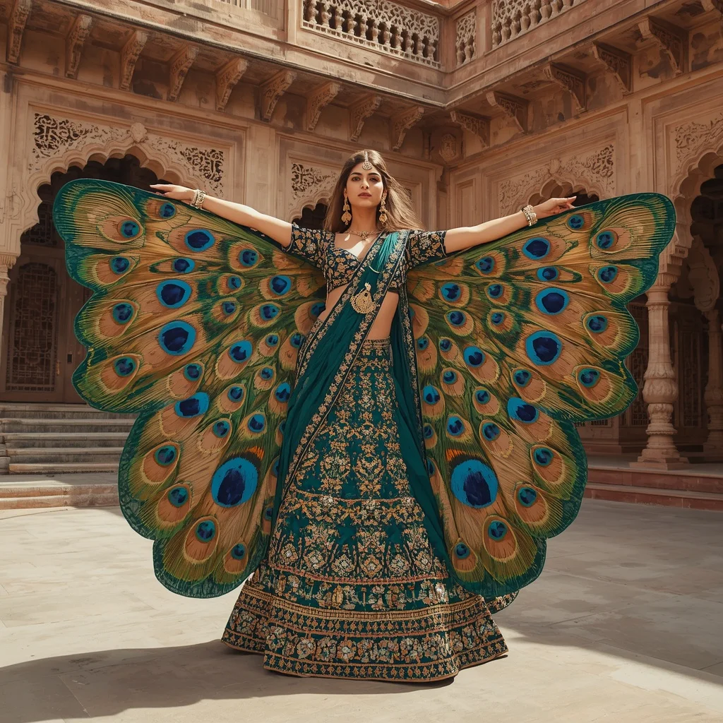 Regal Peacock Butterfly Saree with Rajasthani Havelis Background | Korean Ai Prompt