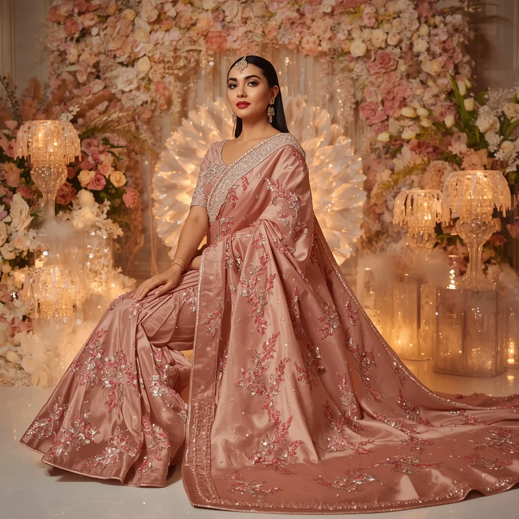 Rose Crystal Aurora Bloom Eclipse Saree – Glam Couture Saree with Sitting Royal Pose and Bloom Eclipse Ballroom Background | Ai Selfie Prompt