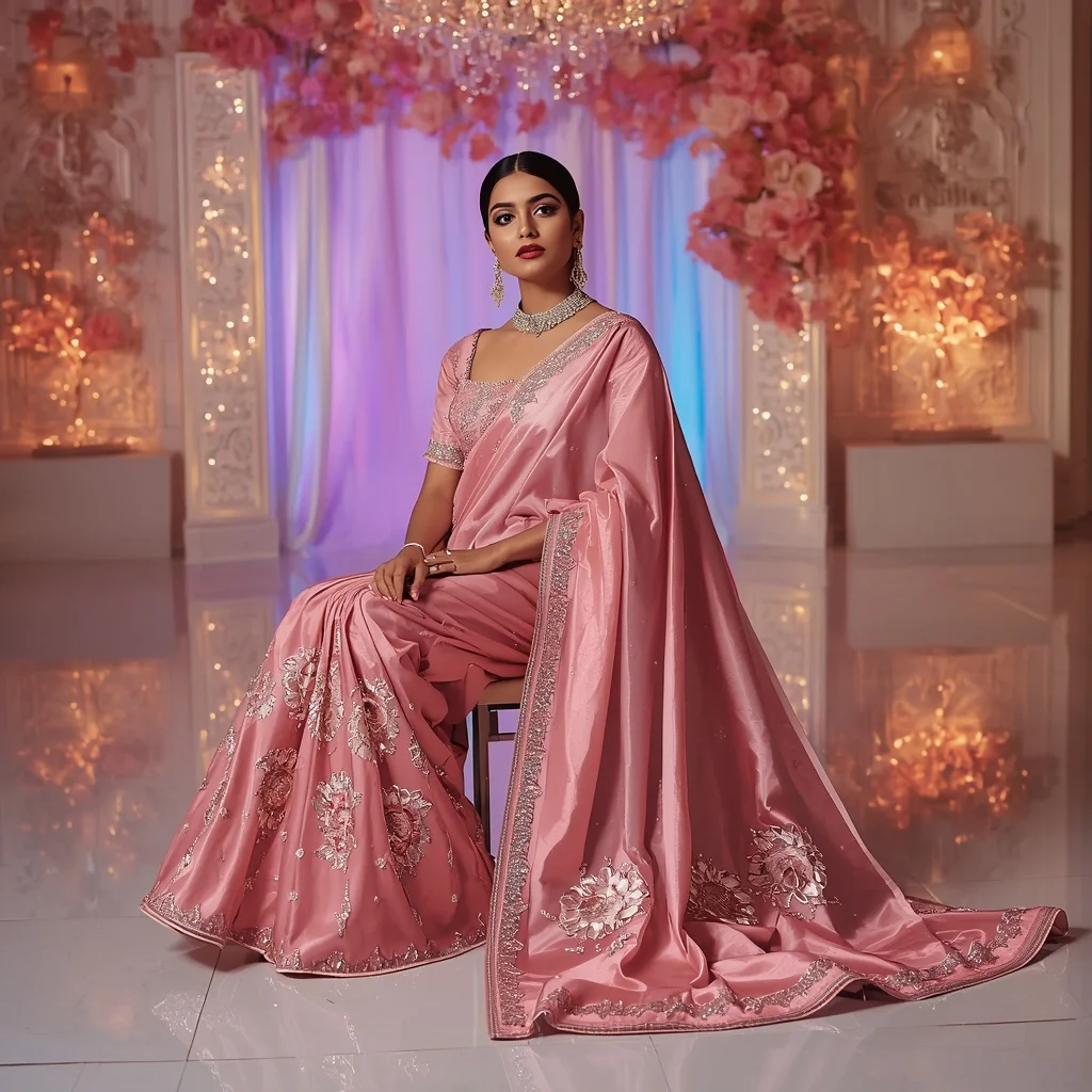 Rose Crystal Bloom Aurora Luxe Saree – Glam Couture Saree with Sitting Royal Pose and Bloom Aurora Ballroom Background | Prompt Seen Girl Photo Editing Trending Instagram