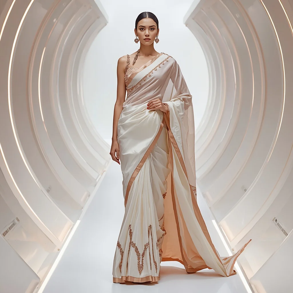 Rose Gold Crystal and White Geometric Saree in Light Pod | Image To Prompt