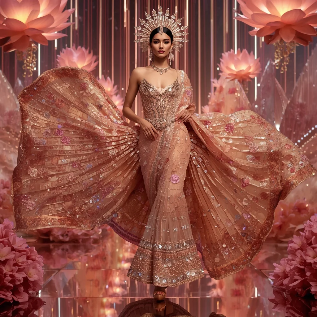 Rose Gold Crystal Lotus Saree with Floating Blossom Palaces and Aurora Garden Empire | Creative Ai Prompt