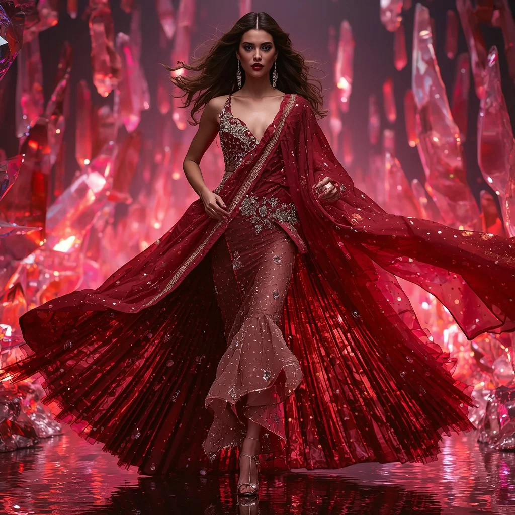 Rose Gold Inferno Fantasy Saree with Floating Crystal Boulevards | Ai Prompt