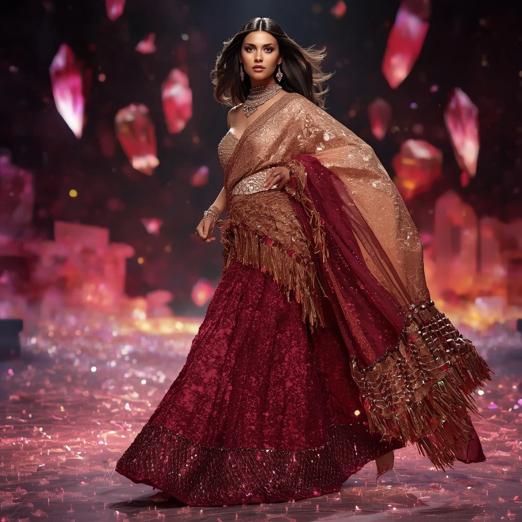 Rose Gold Inferno Fantasy Saree with Floating Crystal Monoliths | Cinematic Saree Ai Prompt