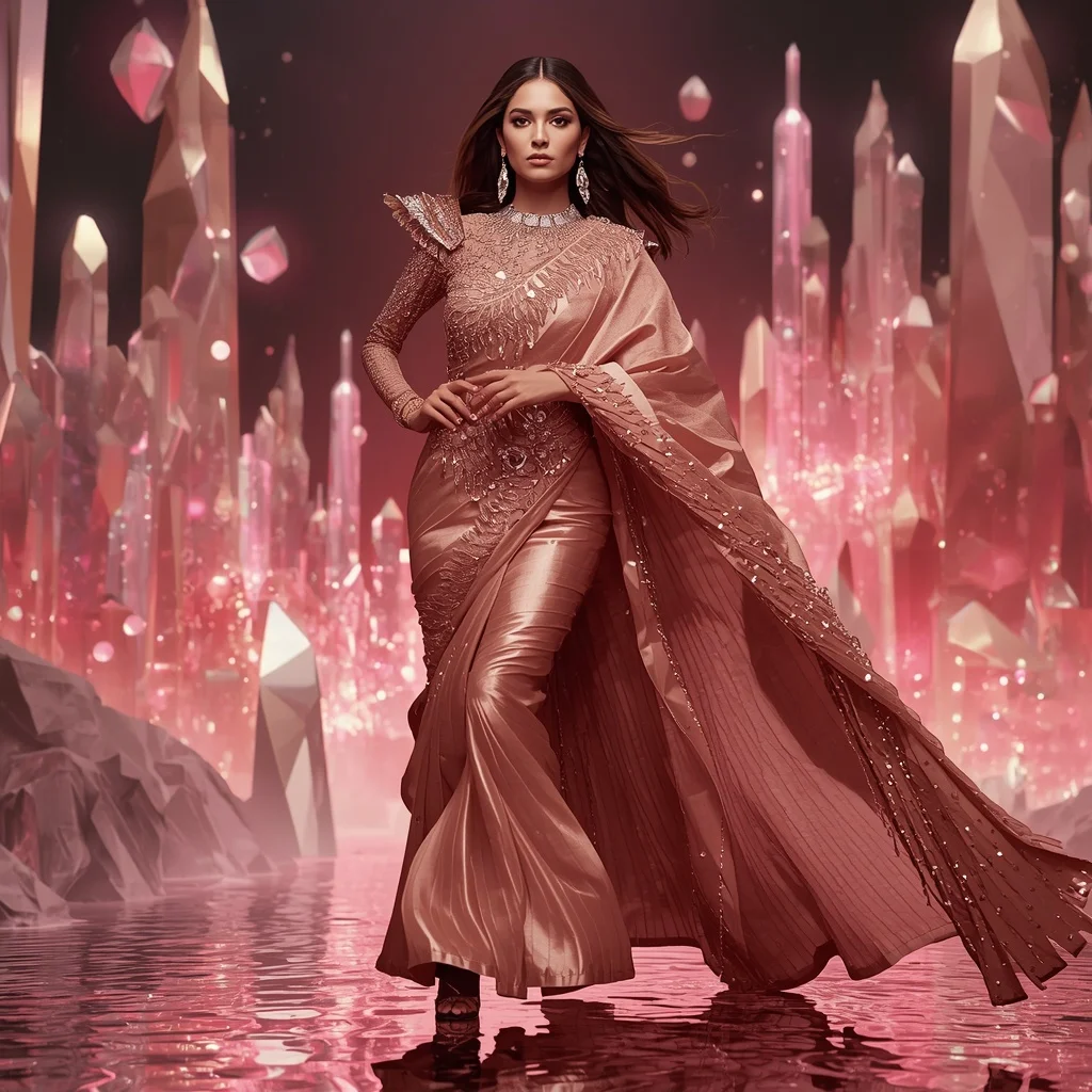 Rose Gold Inferno Saree with Floating Crystal Skyline Kingdom | Prompt Seen Girl Photo Editing ChatGPT