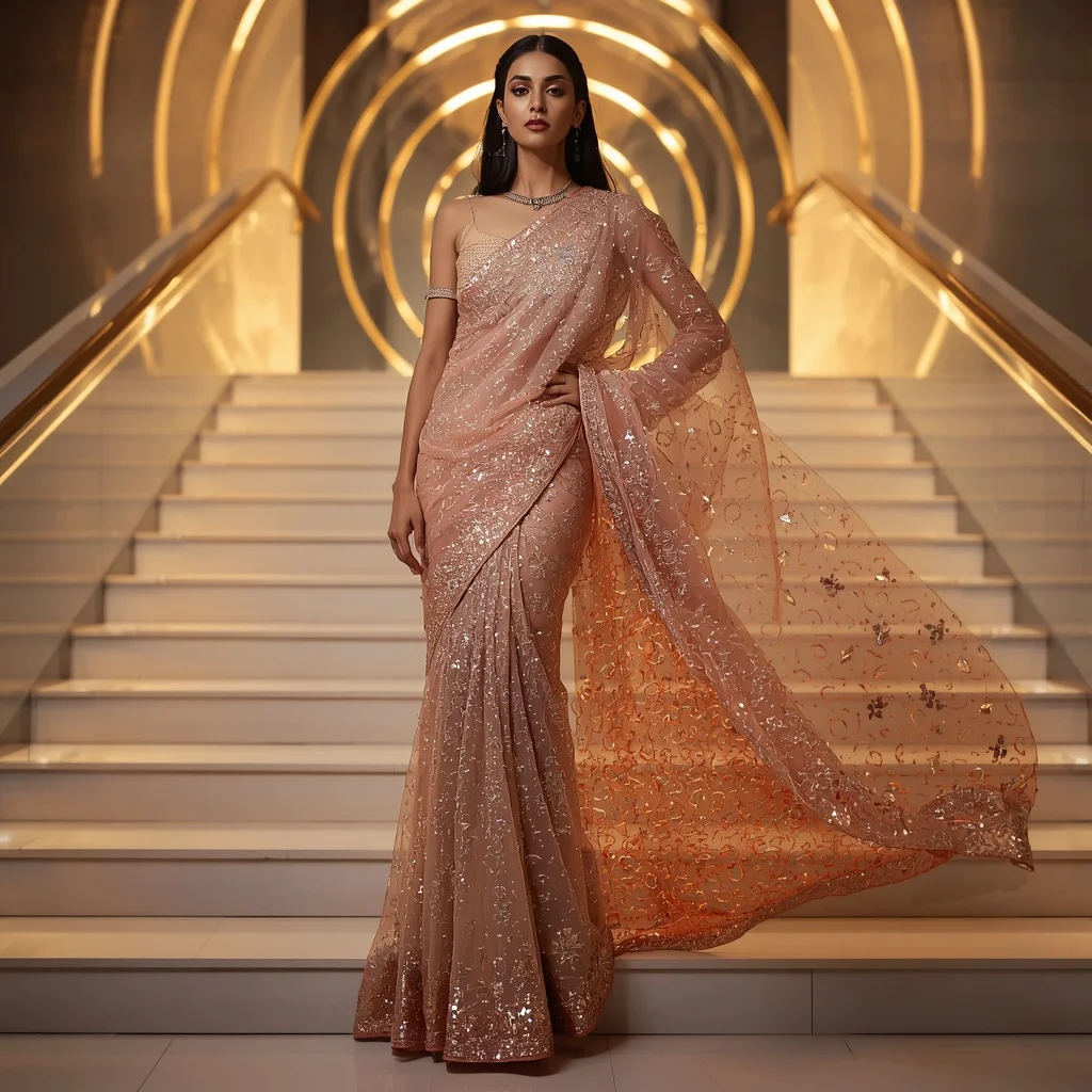 Rose Gold Infinity Quantum Flux Saree – Glamorous Couture Saree with Stair Flow Pose and Quantum Flux Hall Background | Prompt Seen Girls AI Photo Editing
