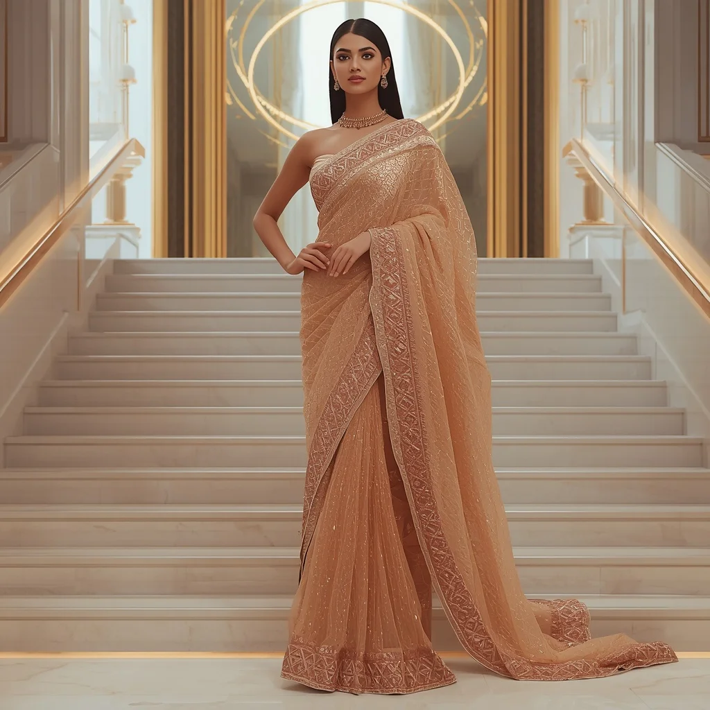 Rose Gold Infinity Quantum Surge Saree – Glamorous Couture Saree with Stair Flow Pose and Quantum Surge Hall Background | Secret Ai Prompt