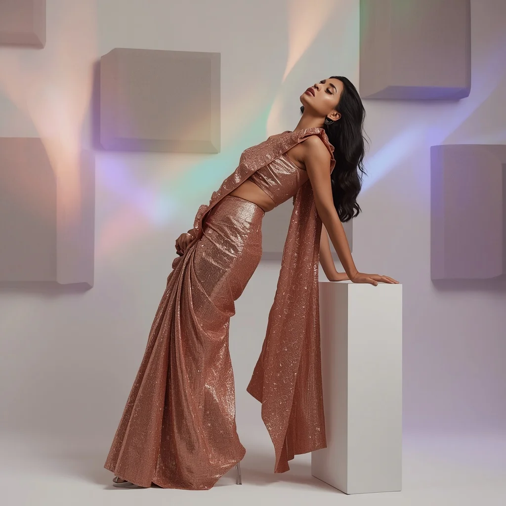 Rose Gold Liquid Sequin Saree with Structured Ruffle Pallu Design | Prompt Seen Trending Girl 2026 Chatgpt