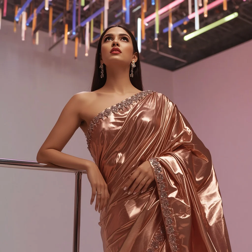 Rose Gold Metallic Foil Saree with Structural Avant-Garde Pleats | New Instagram Trend Prompt For Girl