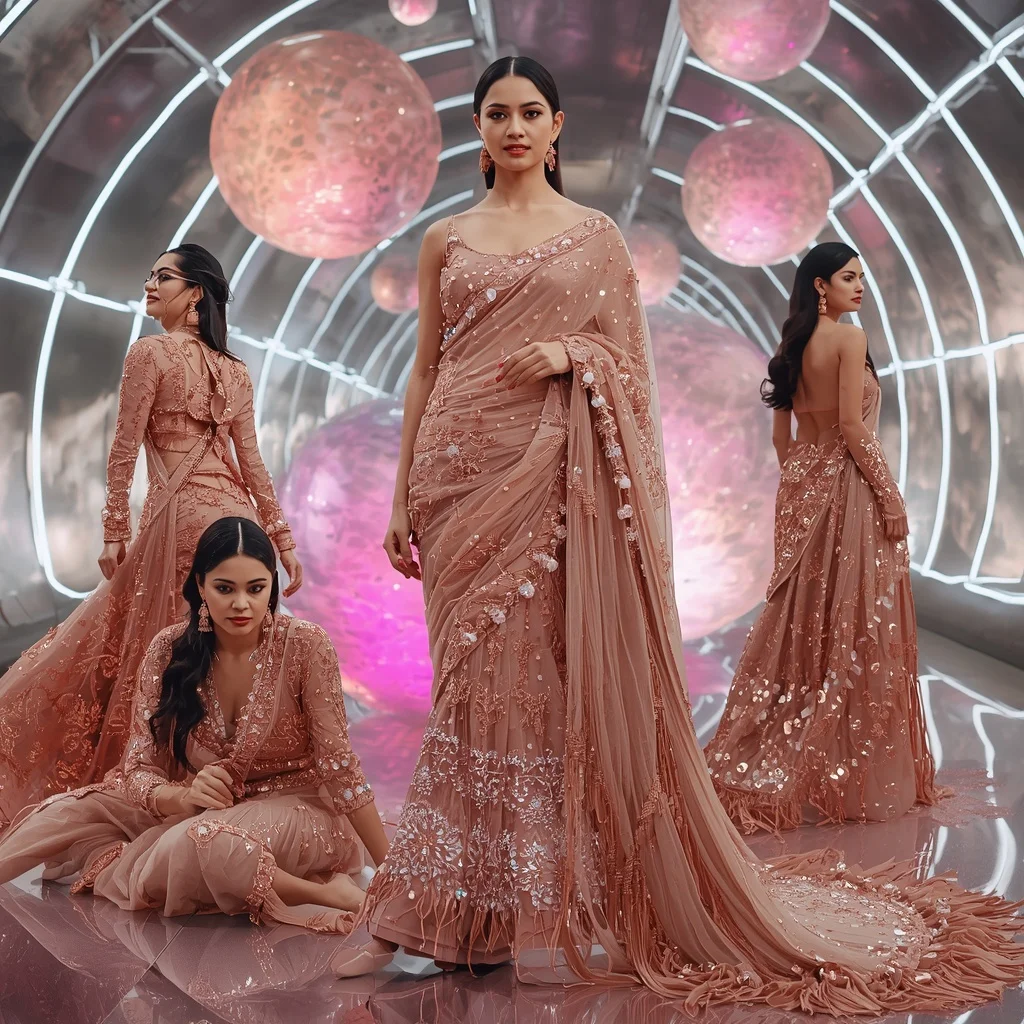 Rose Gold Mirage Saree with Floating Electric Crystal Domes | Instagram Prompt For Traditional Look For Girl