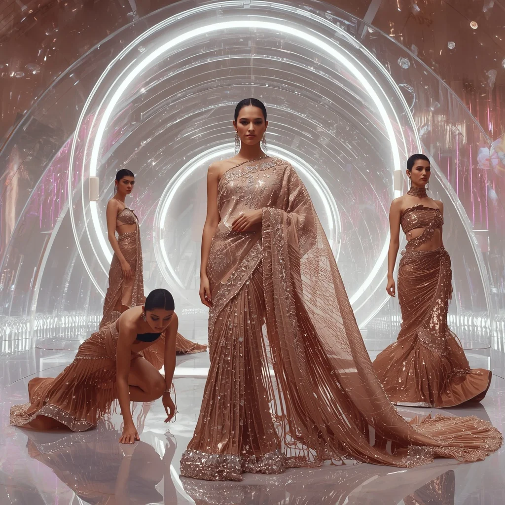 Rose Gold Mirage Saree with Floating Electric Crystal Orbit Gates | Prompt Seen Girl Photo Editing Trending Instagram