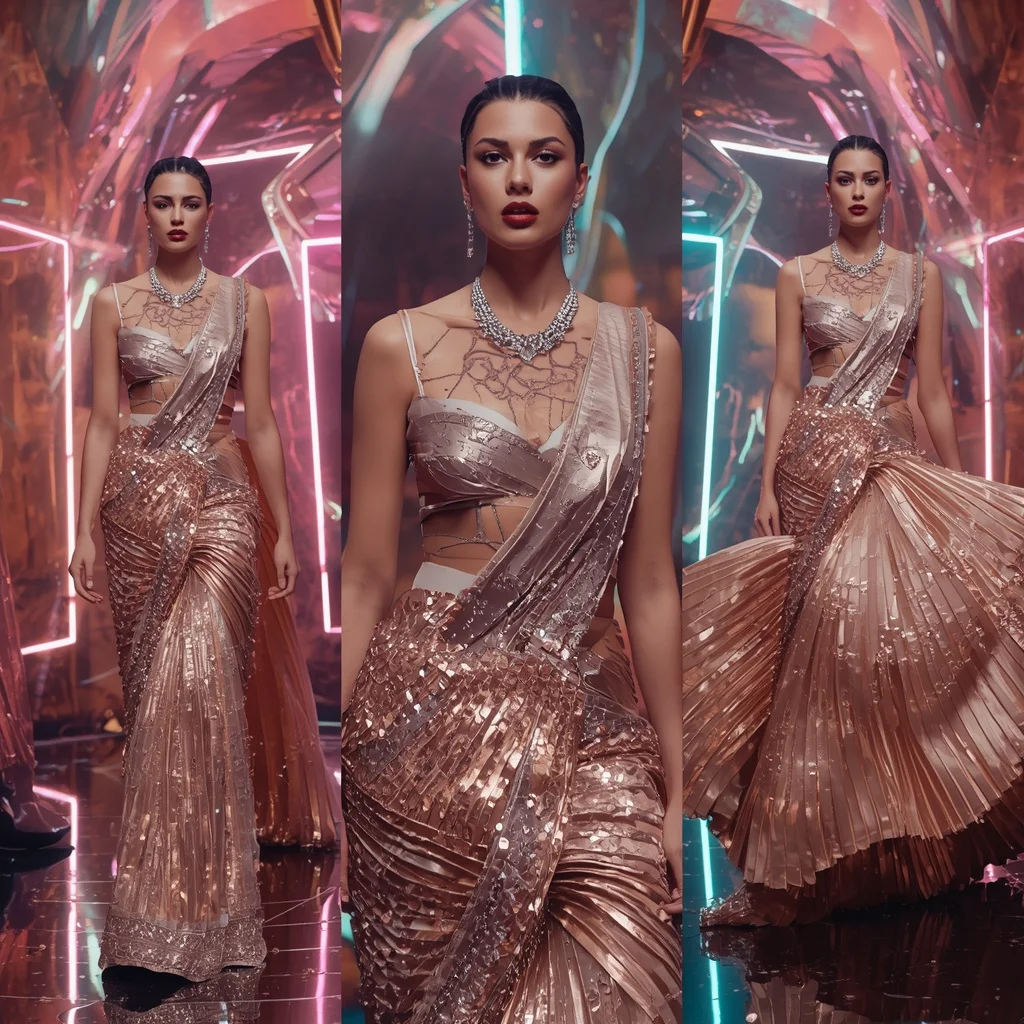 Rose Gold Mirage Saree with Floating Laser Frames | Art Ai Prompt