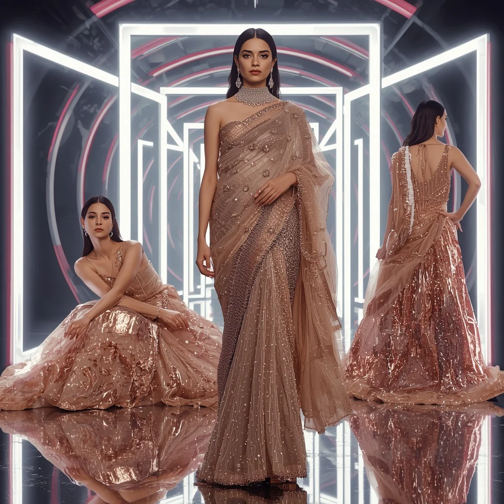 Rose Gold Nova Saree with Floating Electric Frames | Wedding Ai Prompt