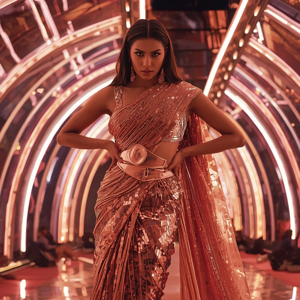 Rose Gold Shimmer and Shattered Mirror Saree in Neon Dome | Prompt For Girls Trending