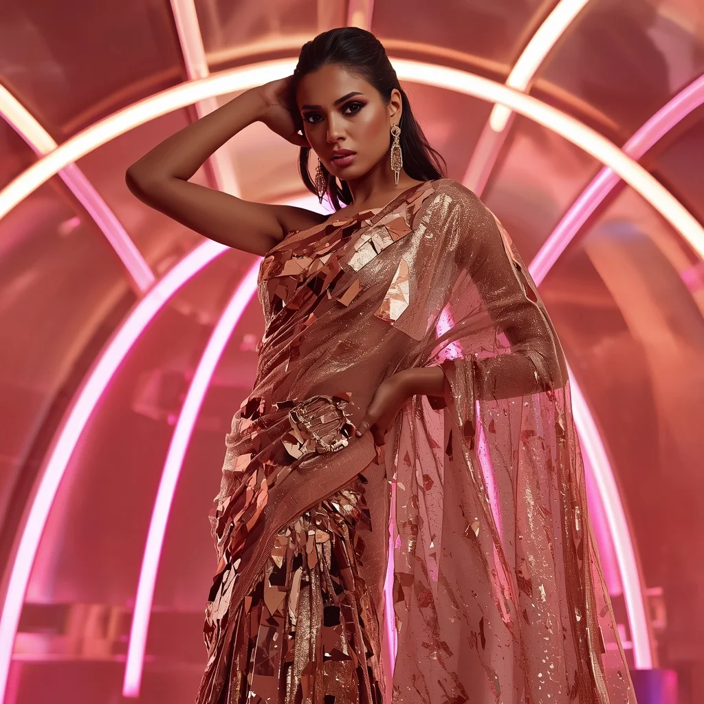 Rose Gold Shimmer and Shattered Mirror Saree with Neon Dome | Lighting Ai Prompt