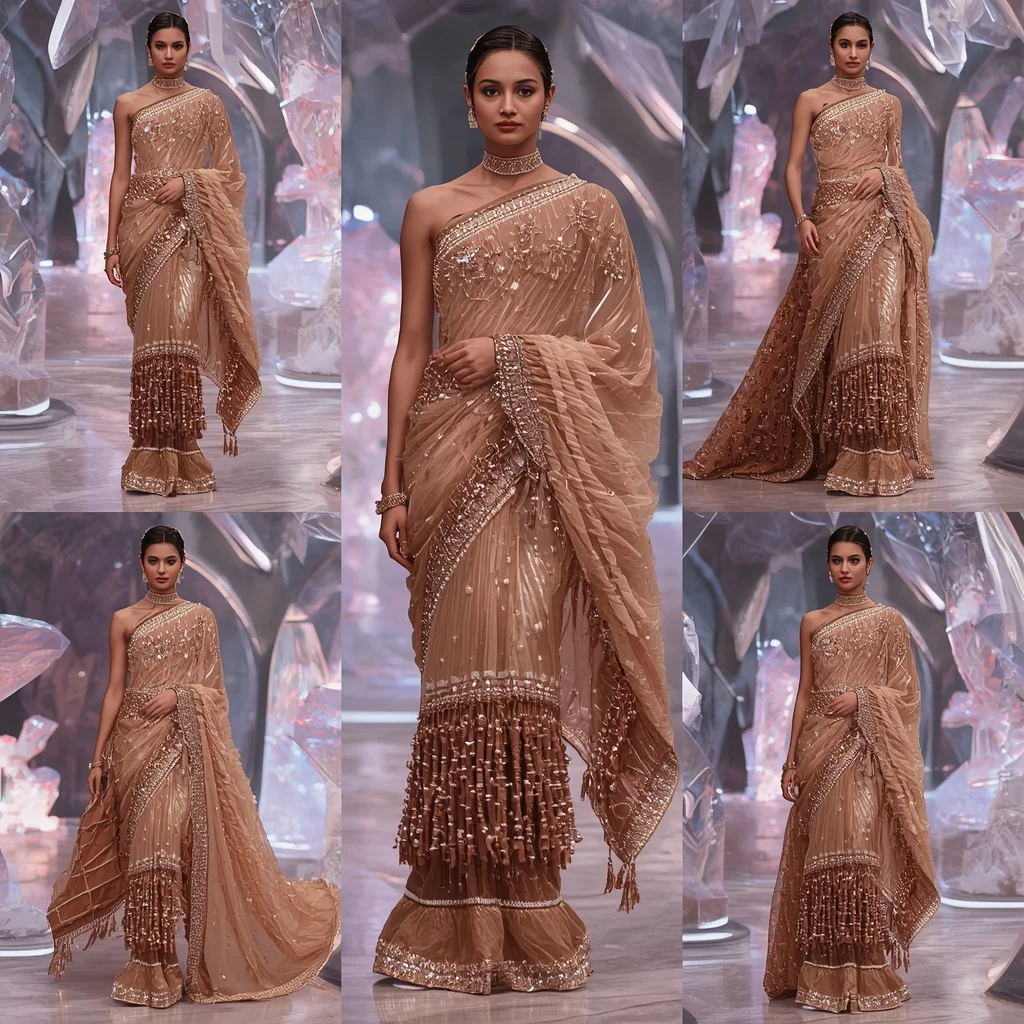 Rose Gold Thunder Saree with Floating Electric Crystal Sanctuaries | Style Ai Prompt