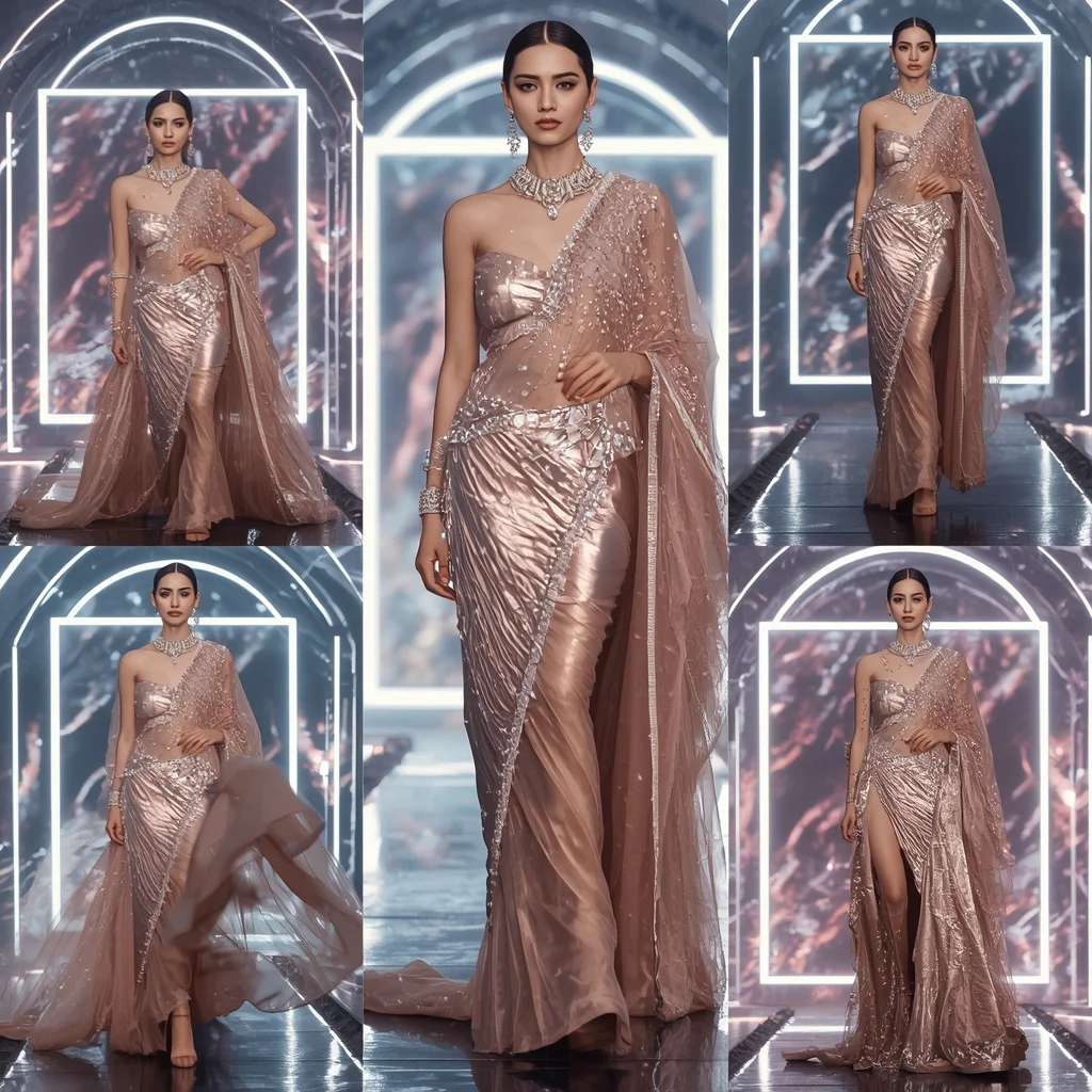 Rose Gold Thunder Saree with Floating Electric Frames | Ai Portrait Prompt