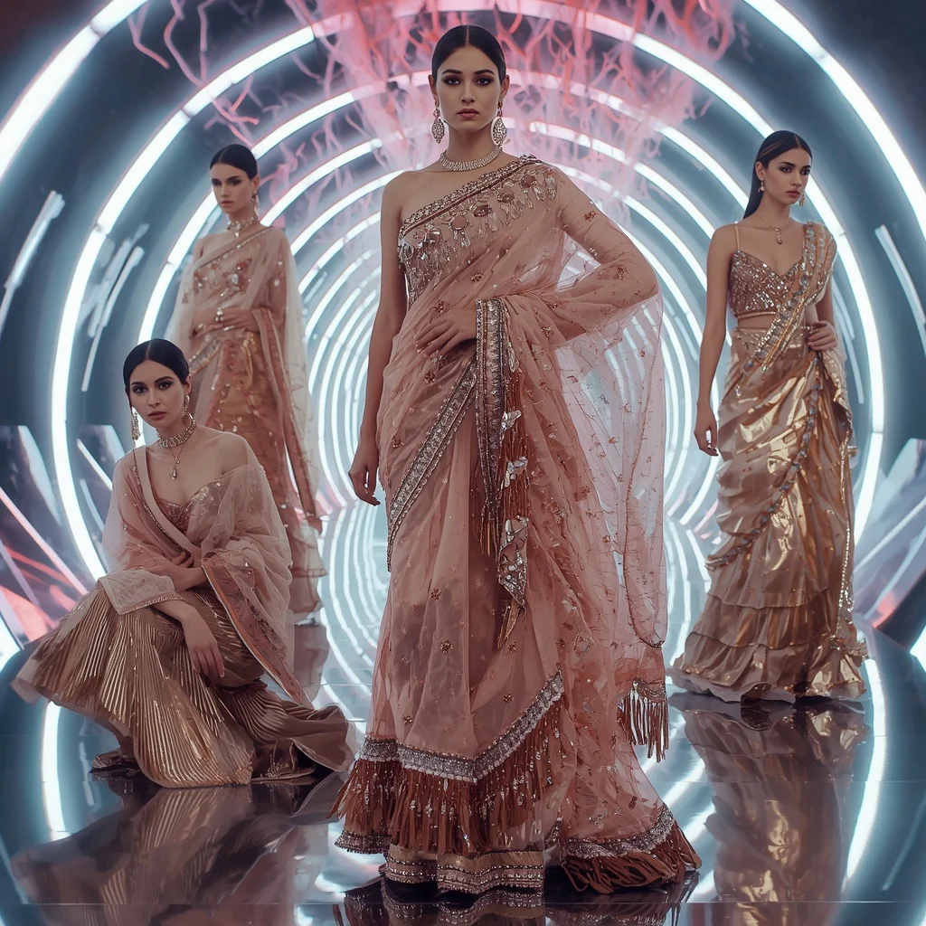 Rose Gold Thunder Saree with Floating Electric Orbit Corridors | Ultra Realistic Ai Prompt