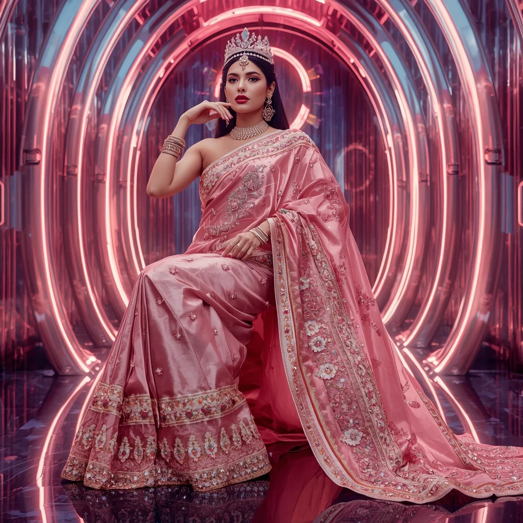 Rose Nebula Titanveil Sovereign Festival Saree with Neon Crystal Galaxy Crown Elysium Empire Sanctuary | Fantasy Ai Prompt