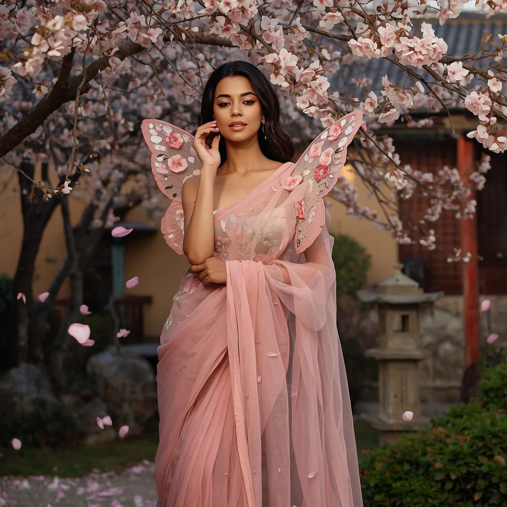 Rose Quartz Blossom Butterfly Saree with Pastel Japanese Garden Background | Gemini Photo Prompt