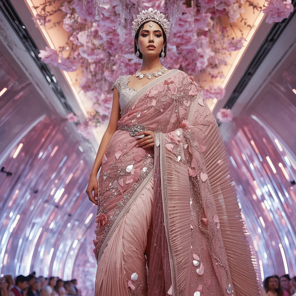 Rose Quartz Floral Crown Saree with Floating Crystal Blossom Sky Atrium | Desi Saree Ai Prompt