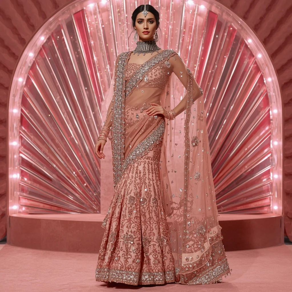 Rose Quartz Noor Dynasty Saree with Prism Velvet Crown Throne Zenith Palace | Happy Ai Prompt