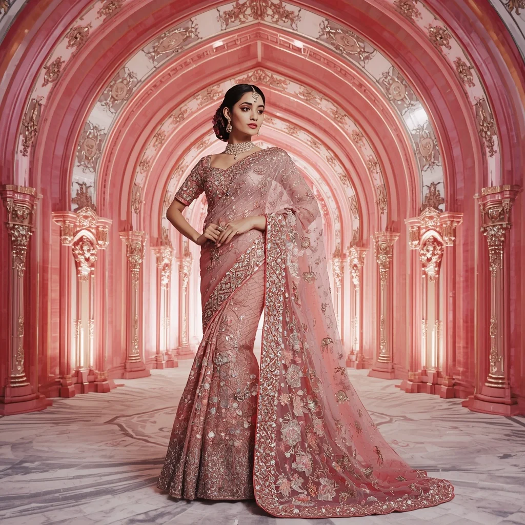 Rose Quartz Noor Dynasty Saree with Prism Velvet Royal Cathedral | Instagram Viral Photo Prompt