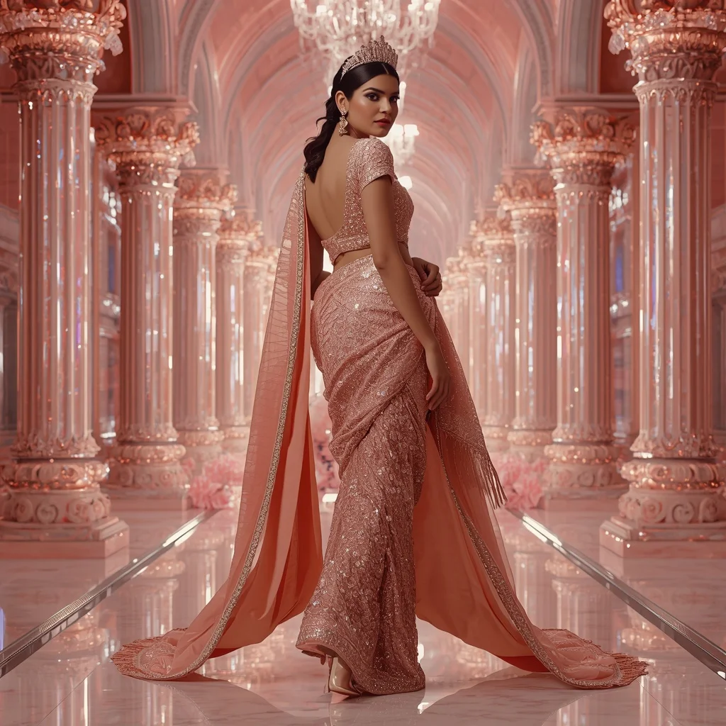 Rose Quartz Noor Empress Saree with Crystal Royal Dimensions and Infinity Cathedral Palace | Woman Pose Ai Prompt