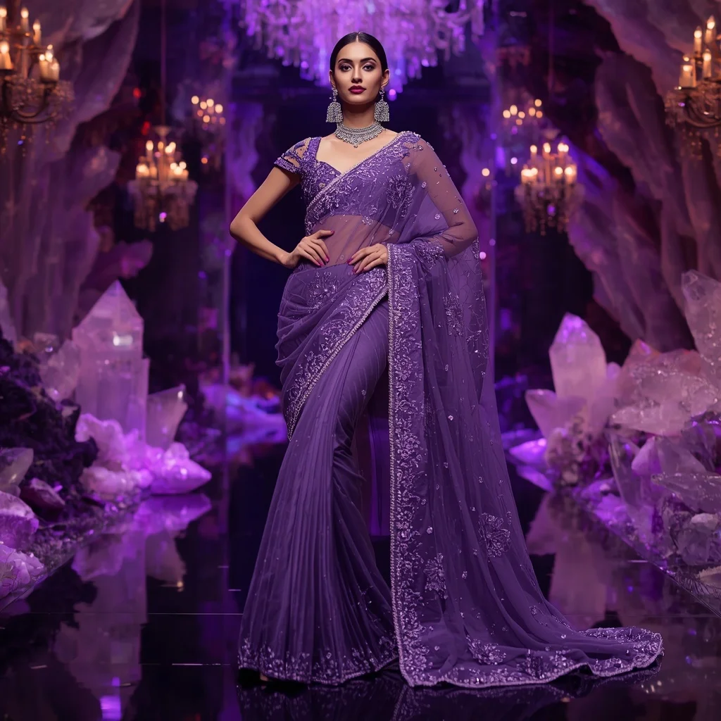 Royal Amethyst Galaxy Bloom Saree Couture with Violet Crystal Universe Garden Background | Prompt Seen Girl Photo Editing