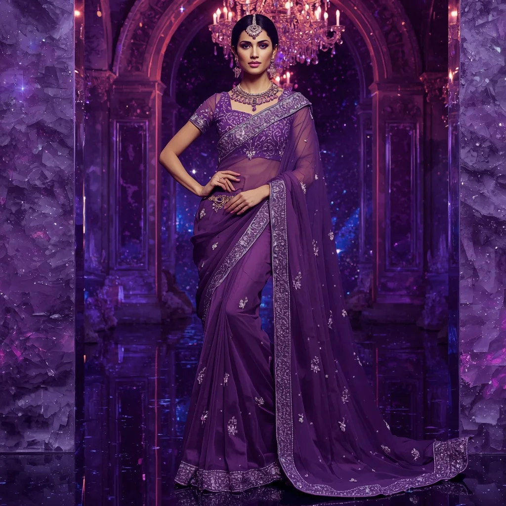 Royal Amethyst Galaxy Maharani Saree Couture with Violet Crystal Universe Palace Background | New Instagram Trend Prompt For Girl Aesthetic