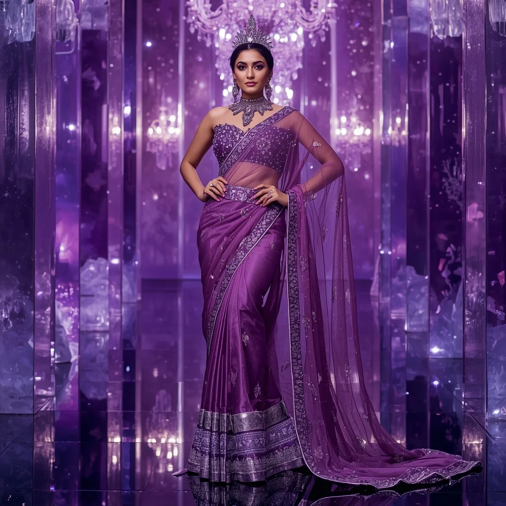 Royal Amethyst Nebula Crown Saree Couture with Violet Crystal Galaxy Palace Background | Pre Wedding Ai Prompt