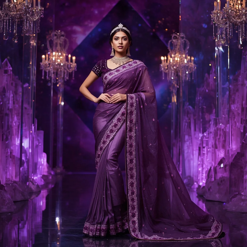 Royal Amethyst Nebula Crown Saree Couture with Violet Crystal Universe Palace Background | Ai Gemini Photo Prompt